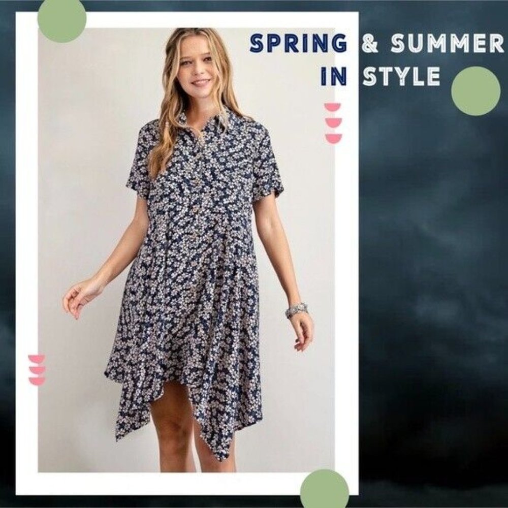 EASEL Lightweight Short Sleeved Collared Button Front Shark Bite Hem Shirt Dress - Picture 11 of 14